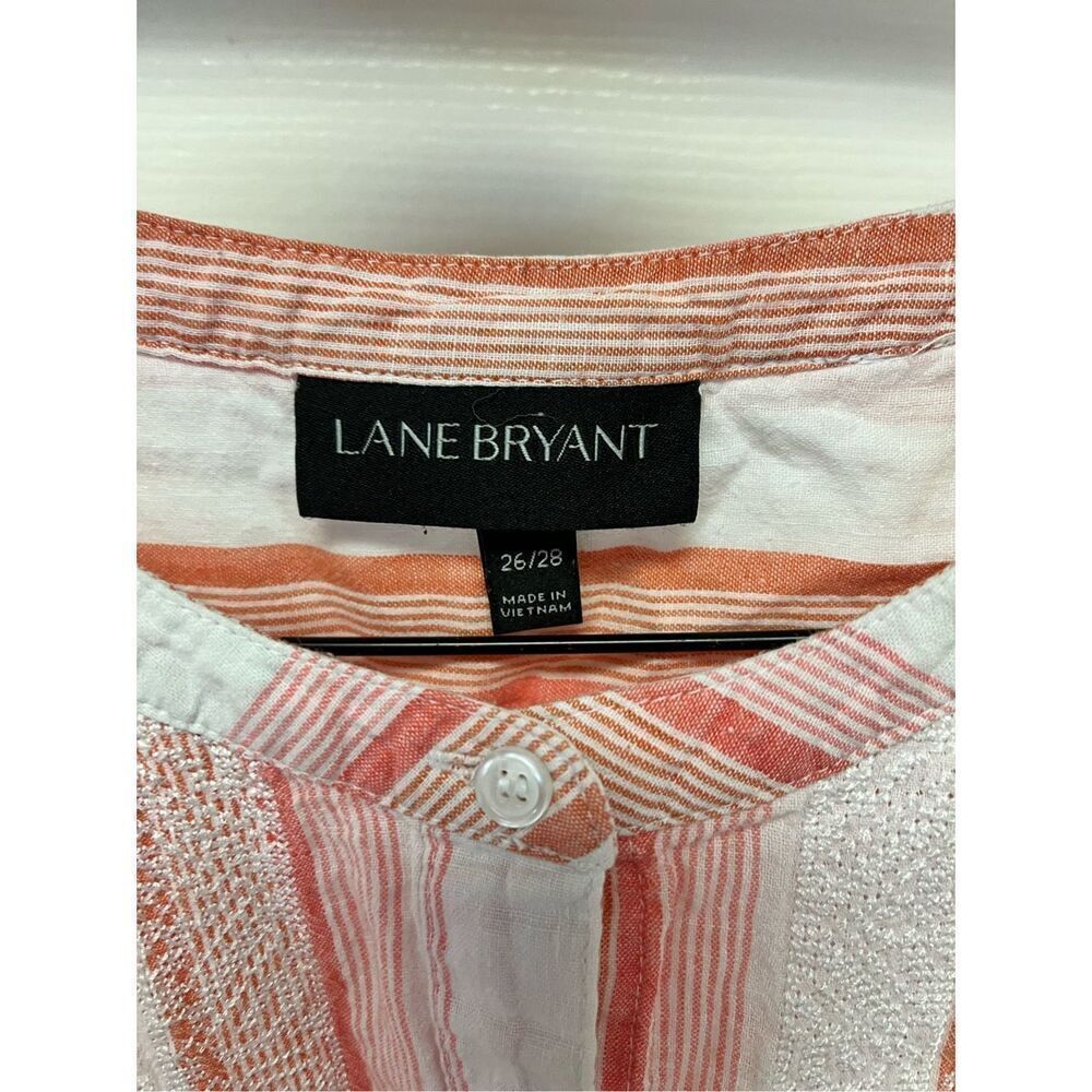 Lane Bryant Linen Peach Pink & White Stripe Embroidered Button Down Collarless S - Picture 3 of 6